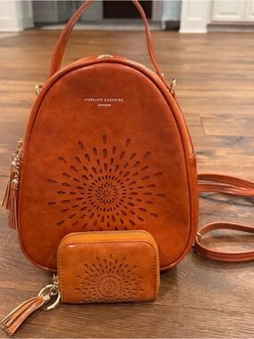 Orange Laser Cut Mini Backpack with Matching Wallet